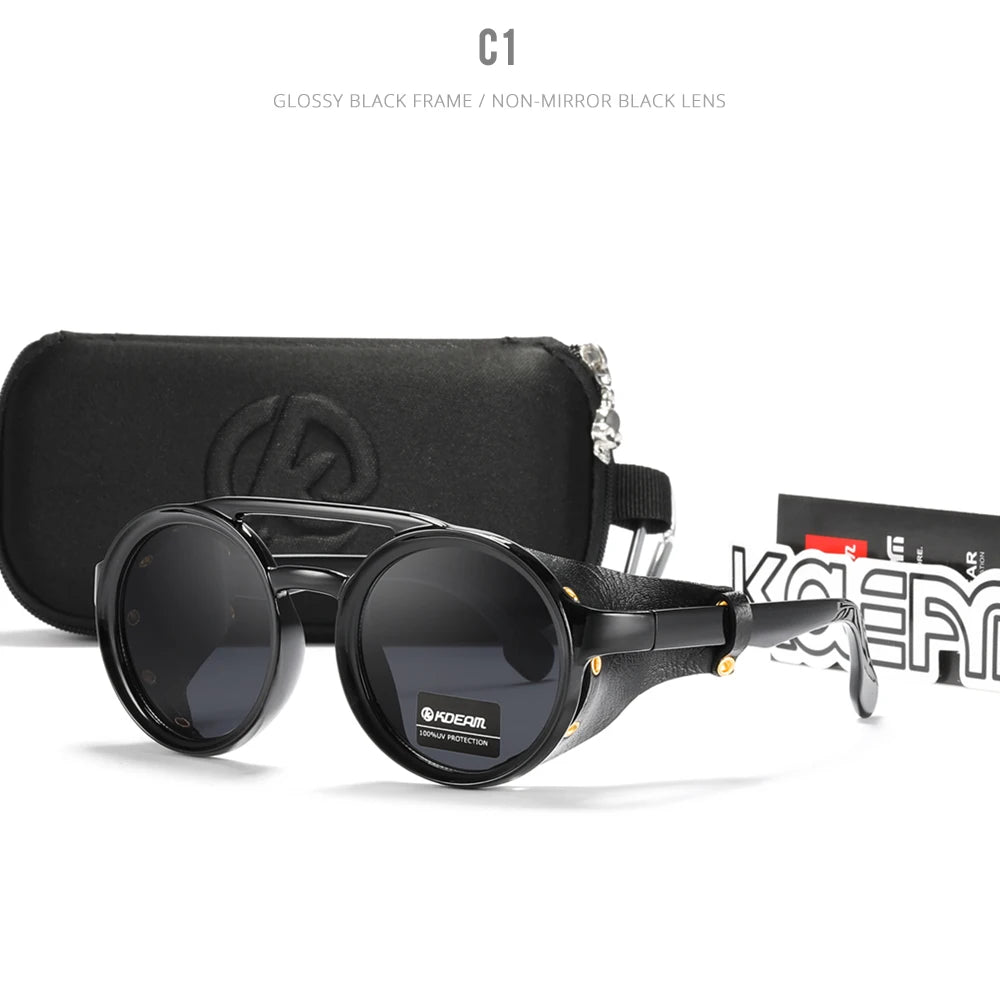 KDEAM Vintage Round Sunglasses Men Women Leather Shield Sun Glasses Twin Bridge Designed Shade KD179