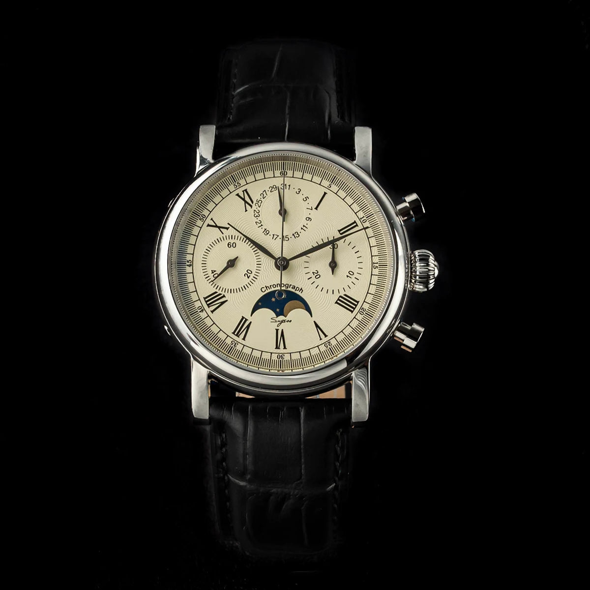 Sugess Men Watch ST1908 Swanneck Movement Mechanical Chronograph Wristwatch Genuine Moonphase Calendar Vintage Leather NEW 2023
