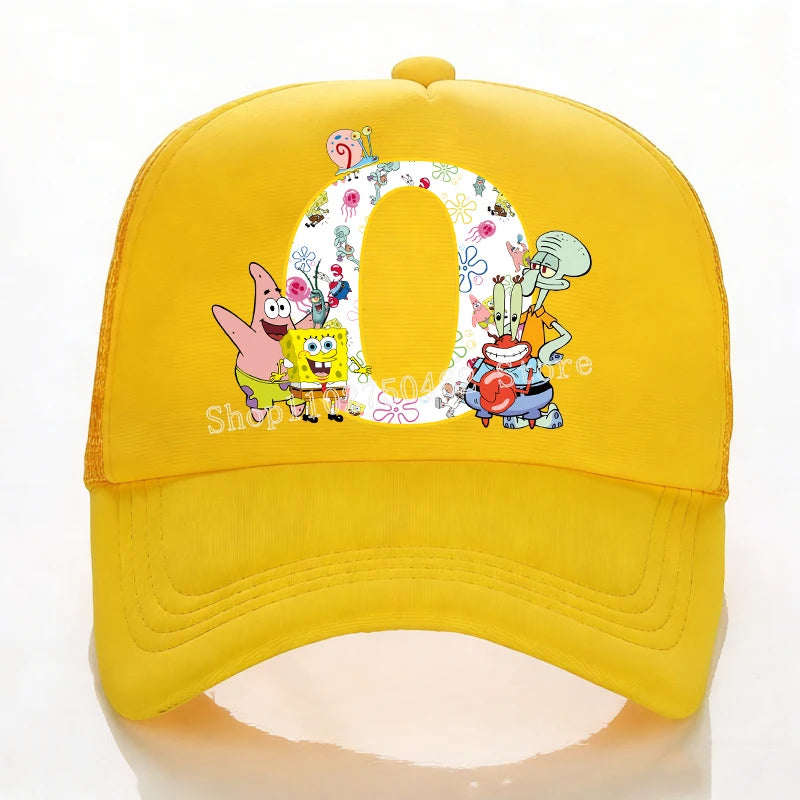 SpongeBobs Baseball Cap Kids Adult Summer Outdoor Sports Sun Hat Child Cute Letter A-Z Sunbonnet Breathable Mesh Headgear Gift
