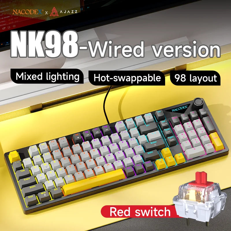 AJAZZ NK98 Wired Mechanical Keyboard: Full-Key Hot-Swap, 98-Key Layout for Precise Performance; Wired, Stable Control, Multi-System Compatibility; Windows Vista/XP/7/8/10/17, Mac: Wired connection for stable control and low latency