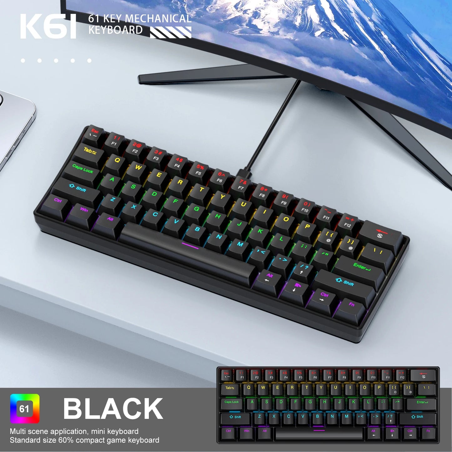 Teclado mecánico gaming con cable APAYADO K61 60% Mini Phantom RGB, 61 teclas, switch rojo/azul, ergonómico y portátil para PC/portátil