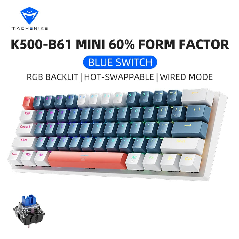K500-B61 Machenike Mini Mechanical Keyboard 60% Form Factor 61Keys Gaming Keyboard Wired Full Key Hot-Swappable RGB Backlit