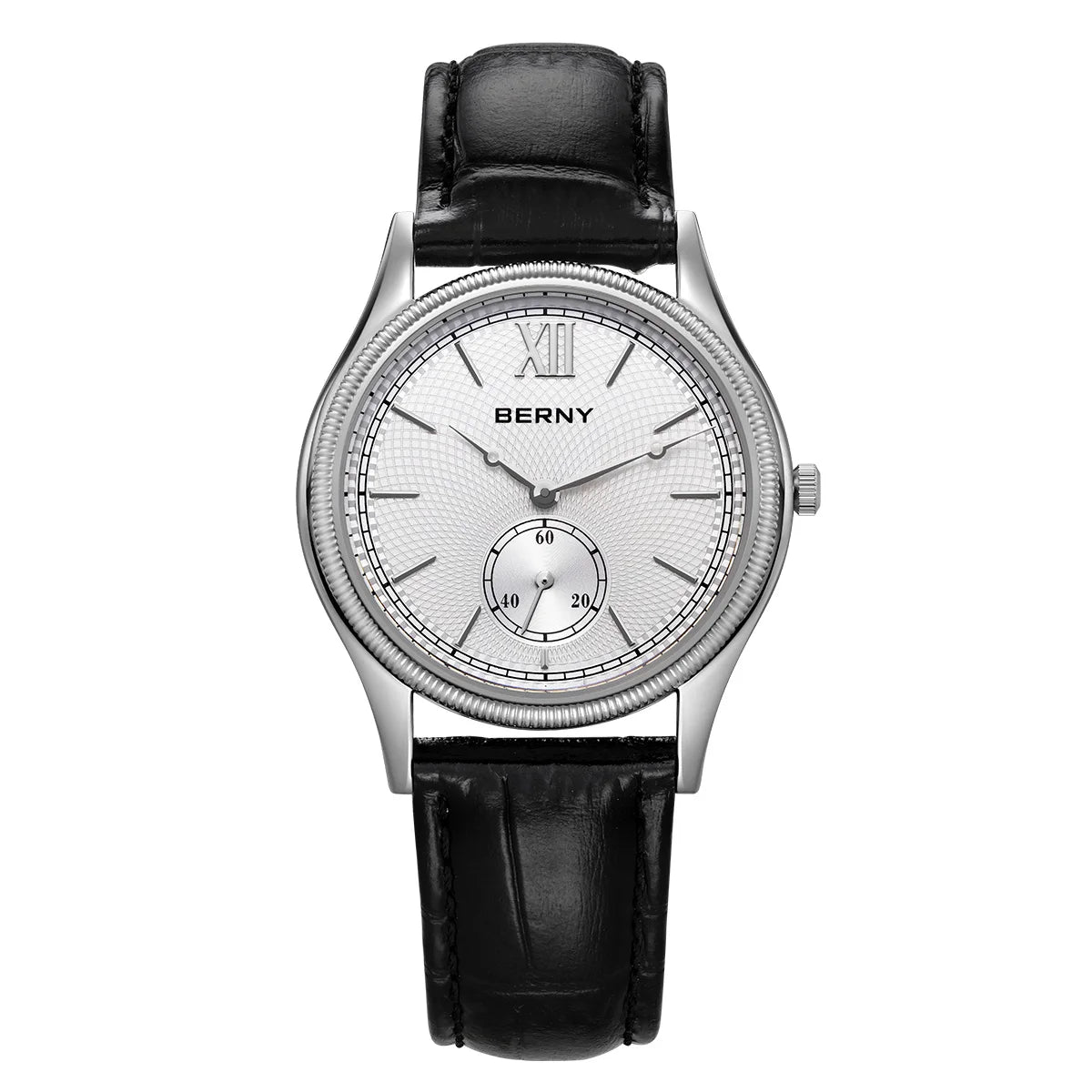 BERNY Watches for Men Luxury Slim Classic Stylish Dress Quartz Watch Stainless Steel Case Elegance Leather Band Wristwatch