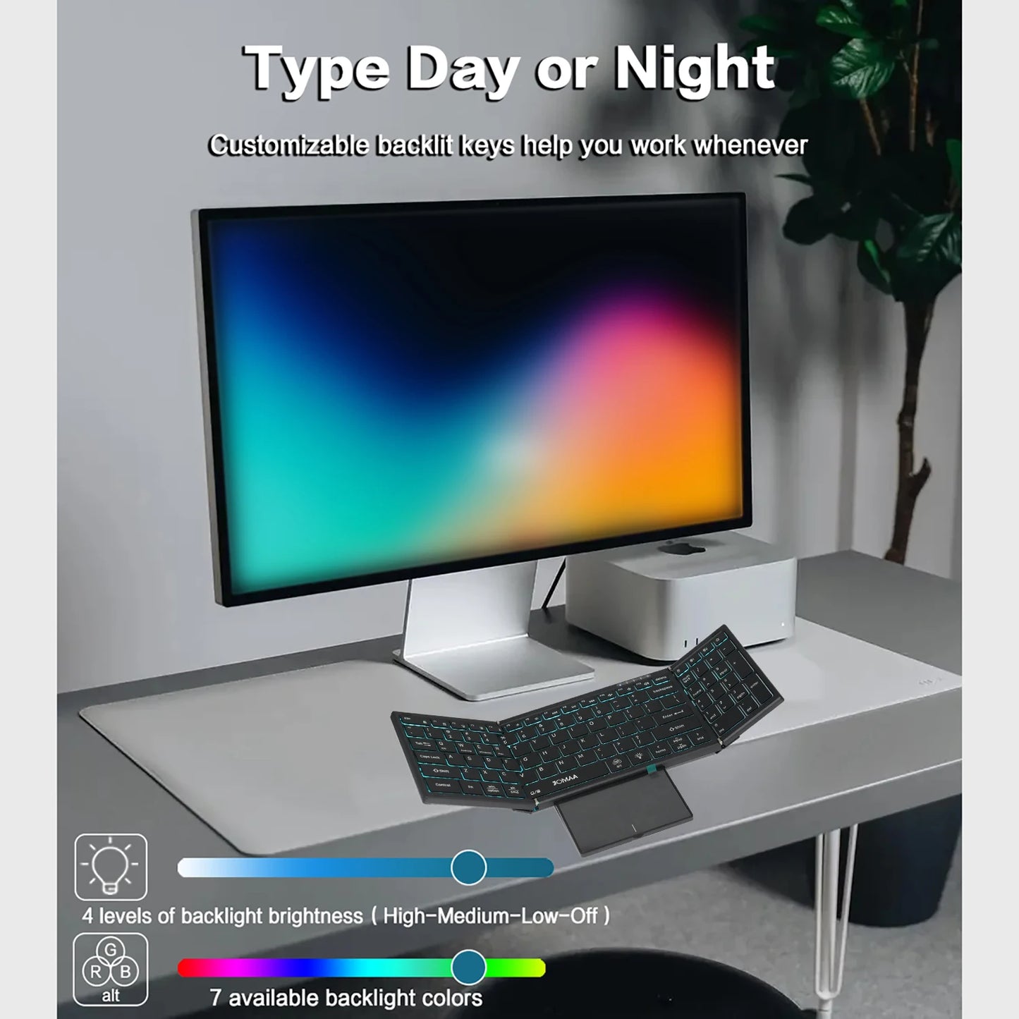 Teclado táctil inalámbrico Bluetooth de modo dual con retroiluminación RGB, 98 teclas, teclado de oficina plegable para PC/portátil/Mac - Negro