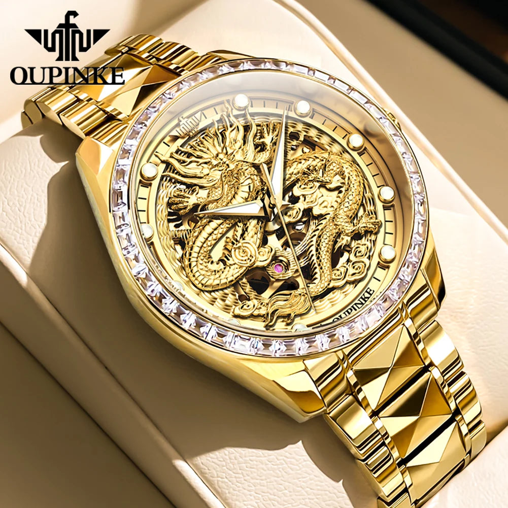 OUPINKE Orologio da uomo Top Brand di lusso in oro e acciaio al tungsteno, orologio da polso meccanico automatico originale con quadrante con motivo drago