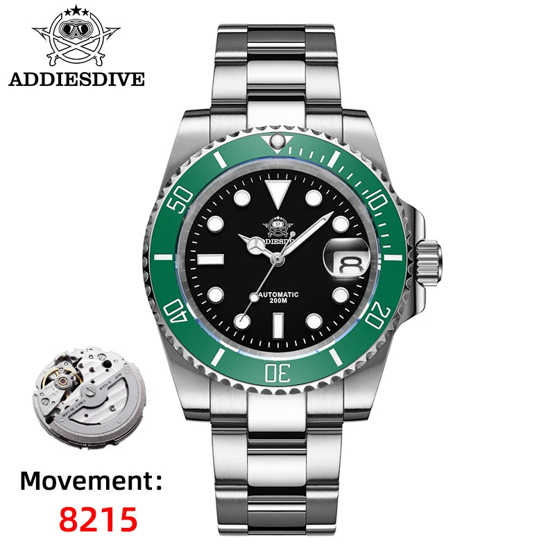Relógio automático de luxo para homem ADDIESDIVE 8215, relógio mecânico luminoso BGW9 com vidro de safira, relógio de mergulho analógico para homem AD2503