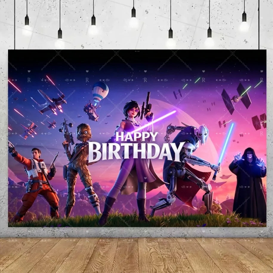 Fundo decorativo de aniversário com tema Fortnite — banner gamer Fortnite para meninos e meninas, pano de fundo para fotografia e presente para crianças