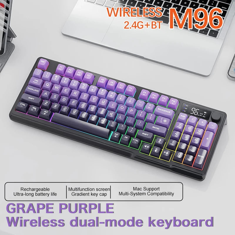M96 Bluetooth Wireless Keyboard FREEWOLF Digital Display, RGB Backlight, 2000mAh Battery & PBT Keycaps for PC/Laptop