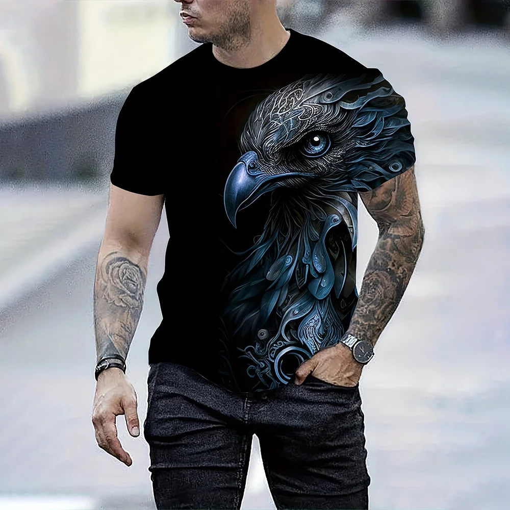 T-shirt de Verão para Homem com Estampado 3D de Águia, Manga Curta, Lazer Outdoor, Secagem Rápida e Respirável