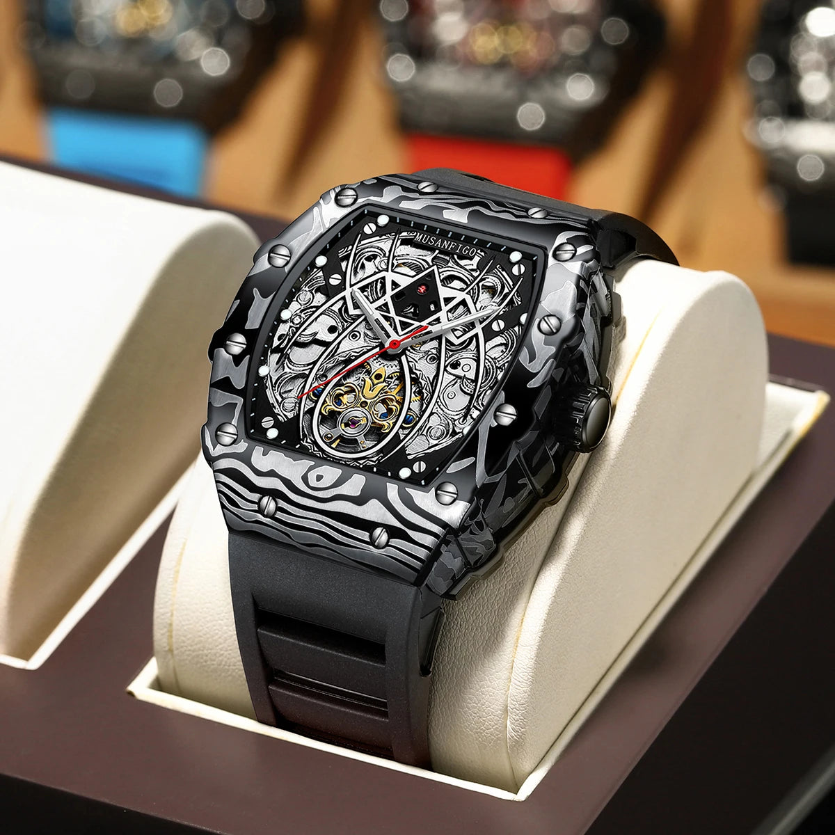 MUSANFIGO automatic hollow mechanical watch, barrel shaped fashionable men's trendy watch, luminous waterproof watch