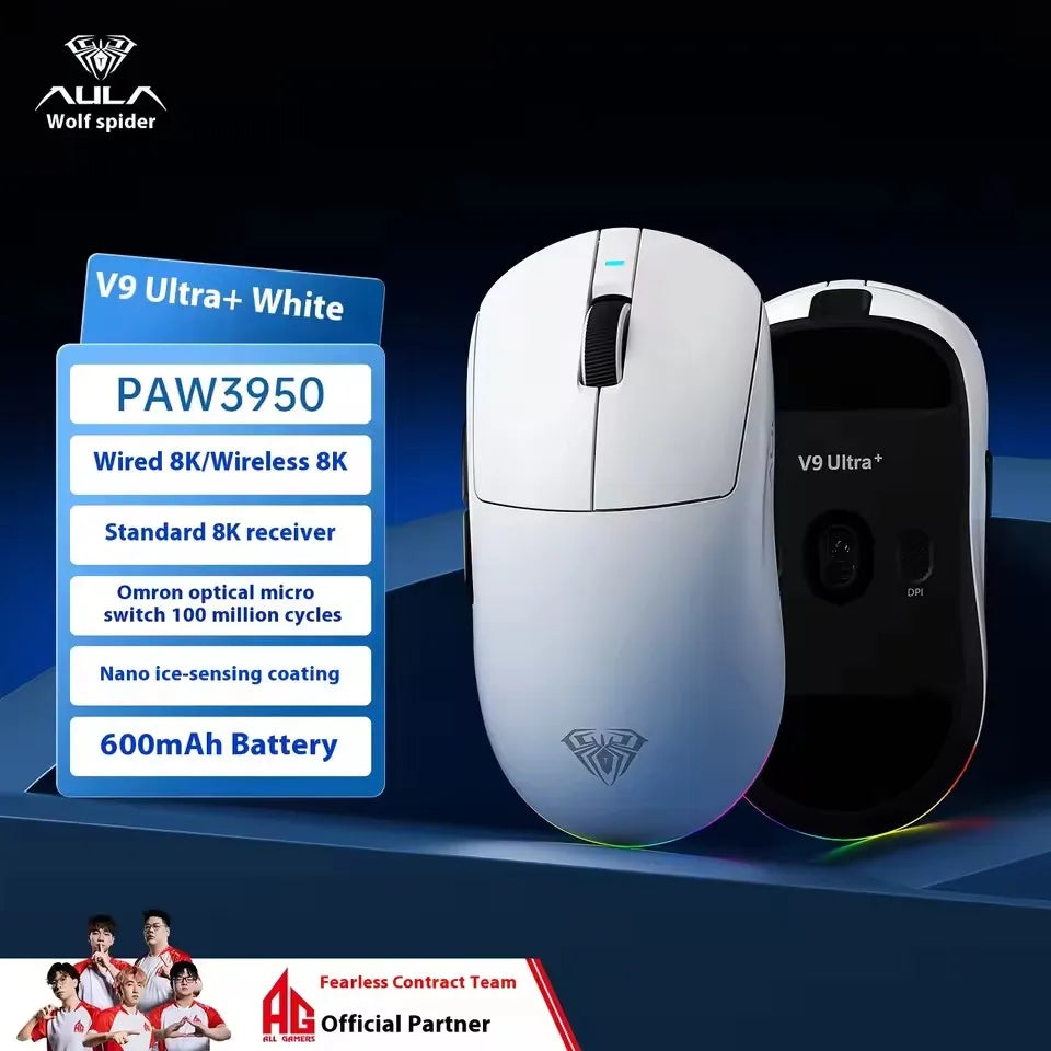 Mouse gaming e-sport wireless Aula V9 Ultra, doppio 8K, 3 modalità, PAW 3950, 8K, 55g, leggero, ergonomico, accessorio PC personalizzato