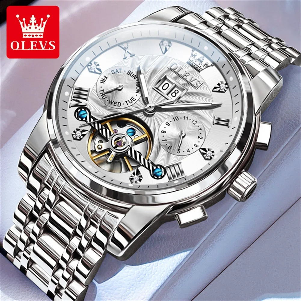 OLEVS 9910 Mens Watch Original Luxury Tourbillon Automatic Mechanical Watche Waterproof Luminous Day-Date Watch With Box Reloj