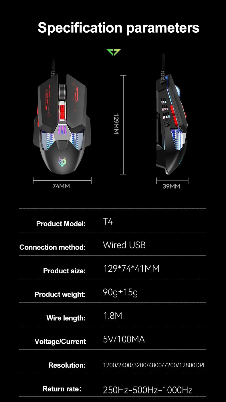1K Hz Gaming Mouse Wired APAYADO T4 RGB Mouse with Ultra-light Cord 60IPS, 12800DPI for Laptop/Computer