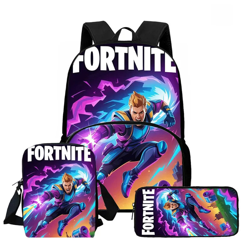 Fortnite Cartoon 3Pcs Backpack Set Unisex for Boys Girls, Backpack with Front Pocket, Crossbody Bag & Pencil Case, Best Gift