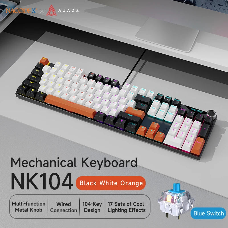 AJAZZ NK104 Wired Typing Mechanical Keyboard with Metal Knob Switch and Backlight Function for Laptops