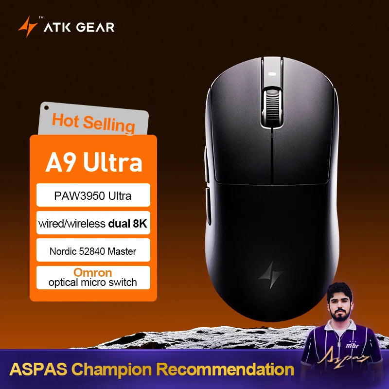 ATK Dragonfly A9 Ultimate vezeték nélküli gaming egér A9 Air PAW3950, ultrakönnyű ergonomikus e-sport gamer FPS egér CSGO-hoz A9 Ultra