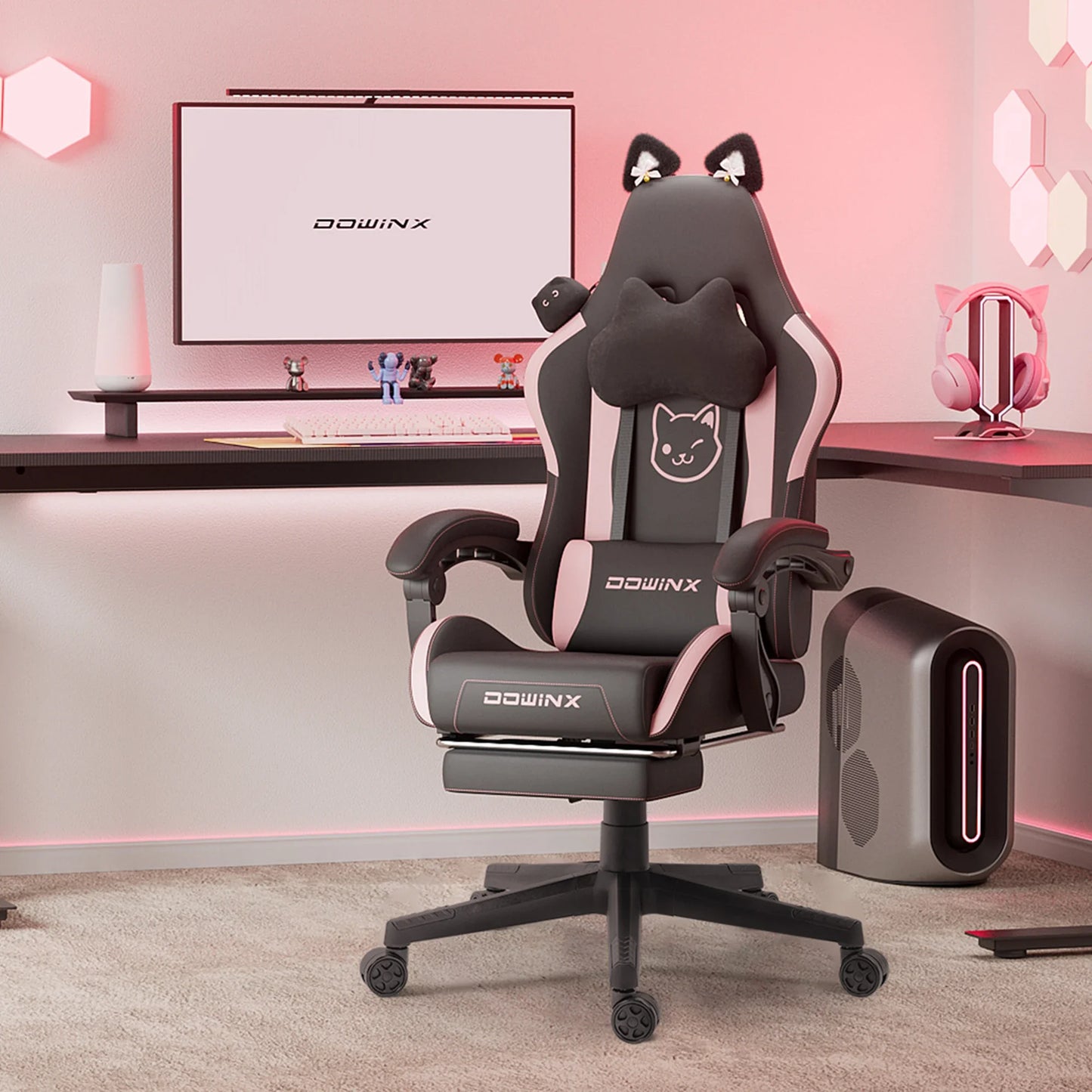 Sedia da gaming carina con orecchie da gatto, poggiapiedi, rosa kawaii, sedia per computer ergonomica con schienale alto, seduta gamer e supporto lombare a zampa di gatto