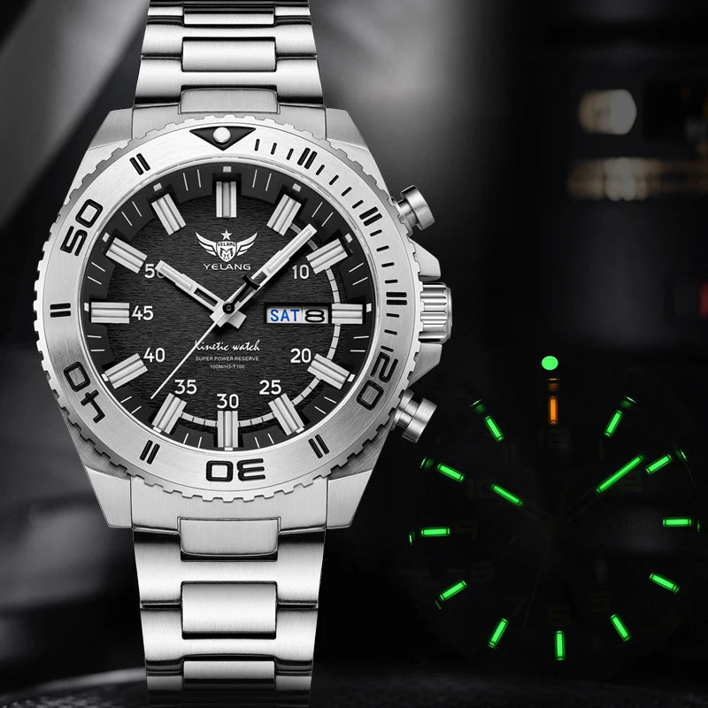 Yelang Watches V1035 44mm Men's Diving Watch Human Kinetic Energy Watch 100m Waterproof Watches Luminous Japan PX83 Sapphire