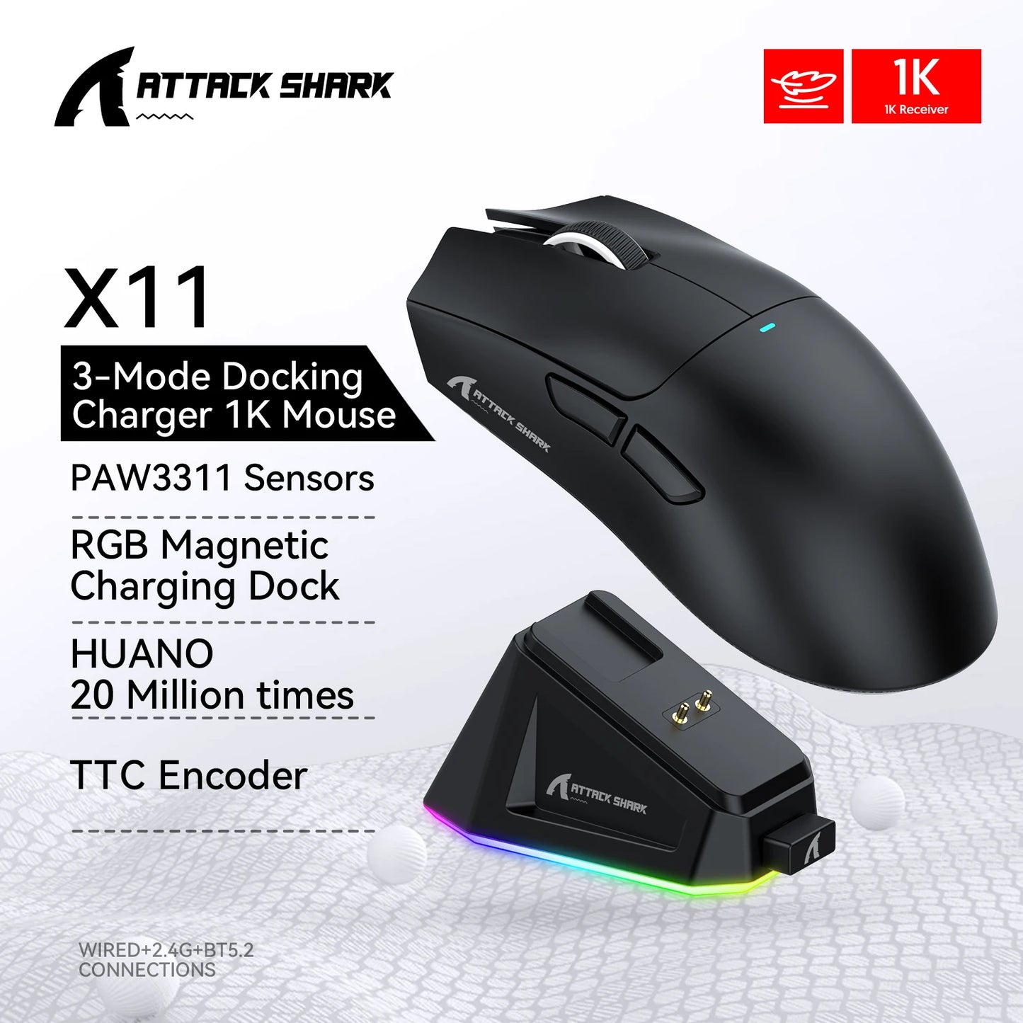 ATTACK SHARK X11 Gaming Mouse and X11 SE Wireless Mouse 22000 DPI, PAW3311 Sensor, BT/2.4G/Wired, 59g Lightweight, 2000W Clicks