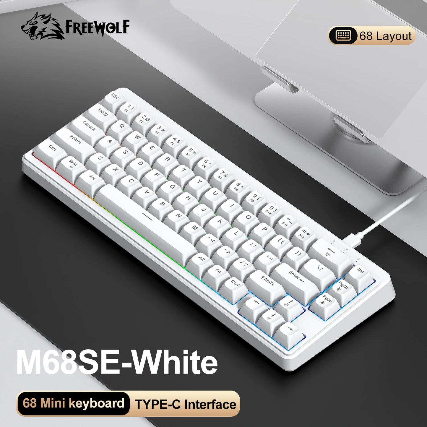 FREEWOLF M68SE 68% Mini Wired Keyboard RGB Backlit Silent Mechanical Feel Type-C Detachable Cable for PC Mac