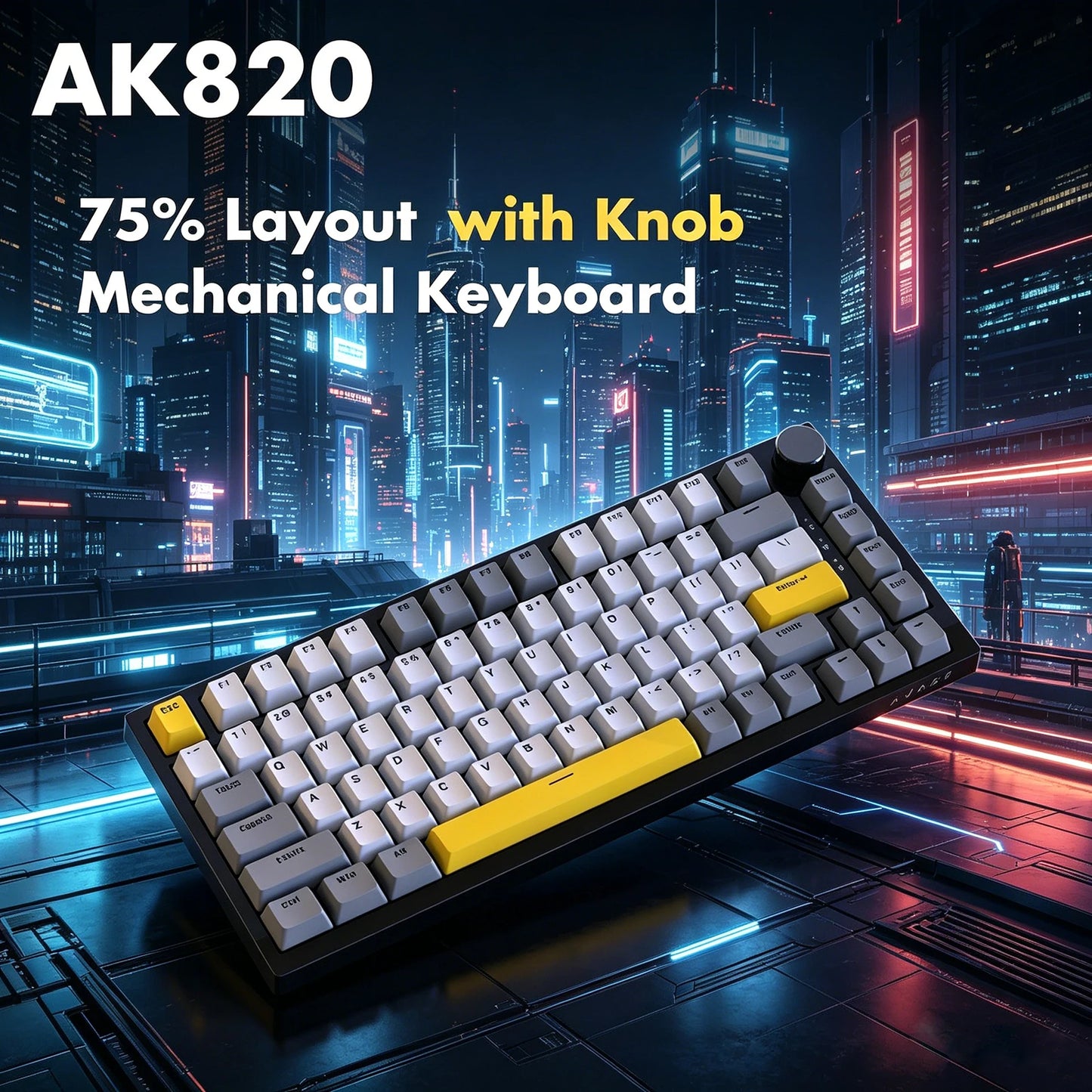 AJAZZ AK820 75% Wired Mechanical Keyboard: Hot‑Swappable, RGB/White/Ice‑Blue Backlit, Volume Knob Control | For Office & Gaming