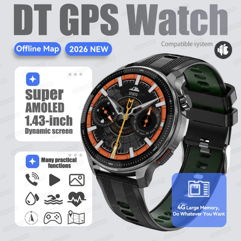 New GPS Offline Maps Smart Watch Men Memory 3D Menu Styles TWS MP3&MP4 Player 1.43"AMOLED Compass Sport Swim Waterproof Bracelet