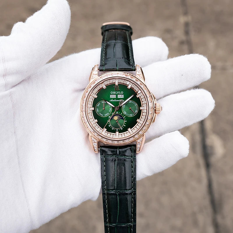 OBLVLO Men Automatic Watch 40mm Mechanical Wristwatch 5ATM Luminous Crystal Bezel Year,Month,Week,Date,24 Hours TY1655 Mov.