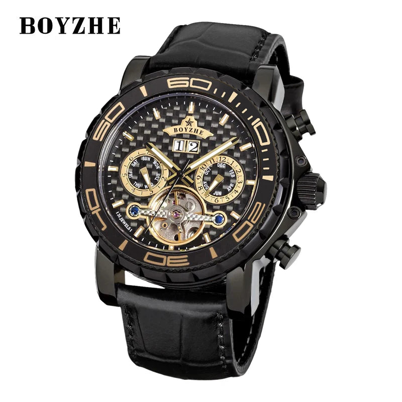 BOYZHE Brand Luxury Tourbillon Mechanical Watch Men Sports Leather Strap Waterproof Classic Date Week Automatic Sapphire Watches