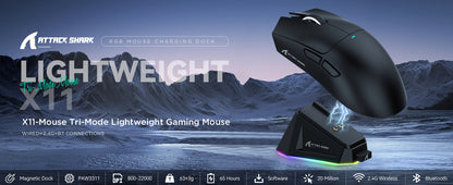 ATTACK SHARK X11 Wireless Gaming Mouse with Charging Dock, PixArt PAW3311 Gaming Sensor, BT/2.4G Wireless/Wired