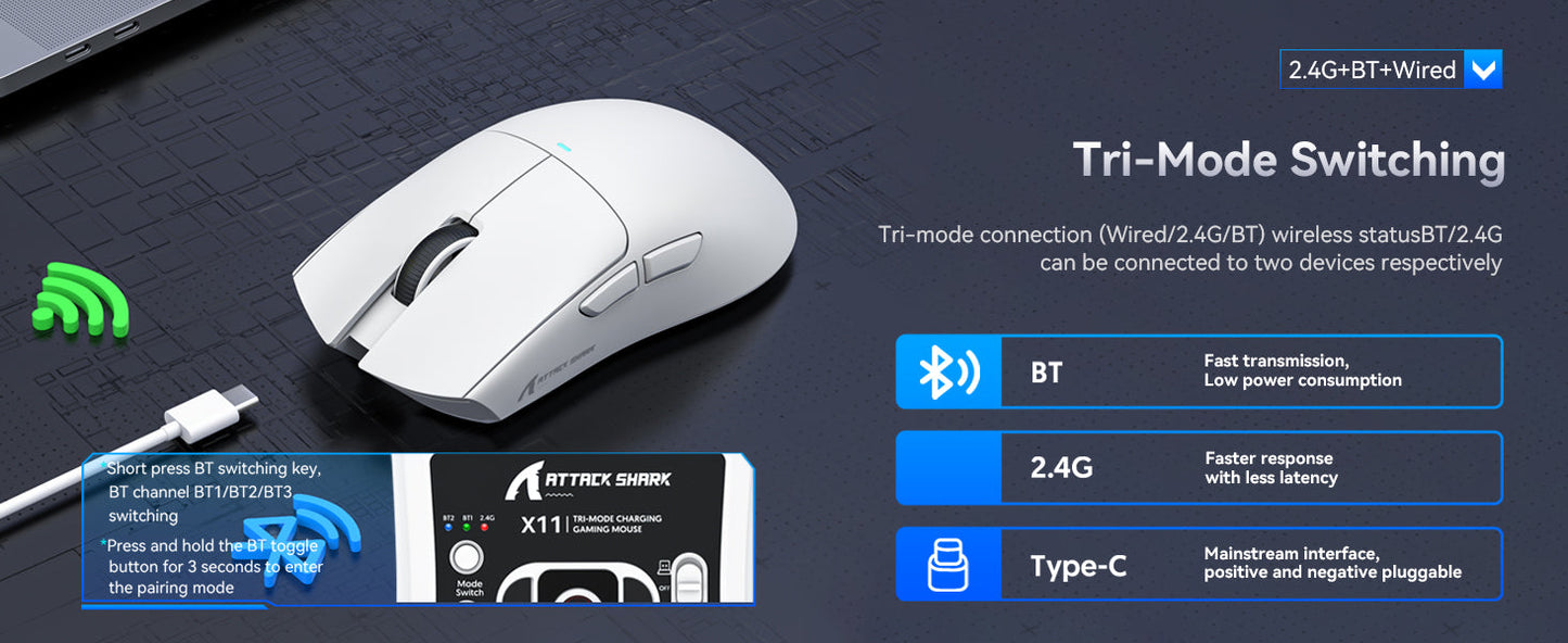 ATTACK SHARK X11 Wireless Gaming Mouse with Charging Dock, PixArt PAW3311 Gaming Sensor, BT/2.4G Wireless/Wired