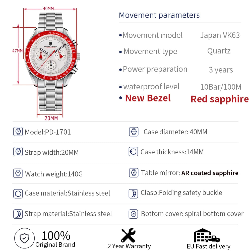 PAGANI DESIGN 2026 Nuovo orologio da uomo rosso di lusso al quarzo, cronografo con data automatica, impermeabile, spedizione locale