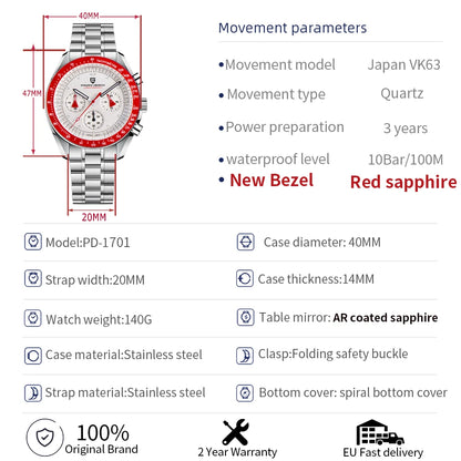 PAGANI DESIGN 2026 Nuovo orologio da uomo rosso di lusso al quarzo, cronografo con data automatica, impermeabile, spedizione locale