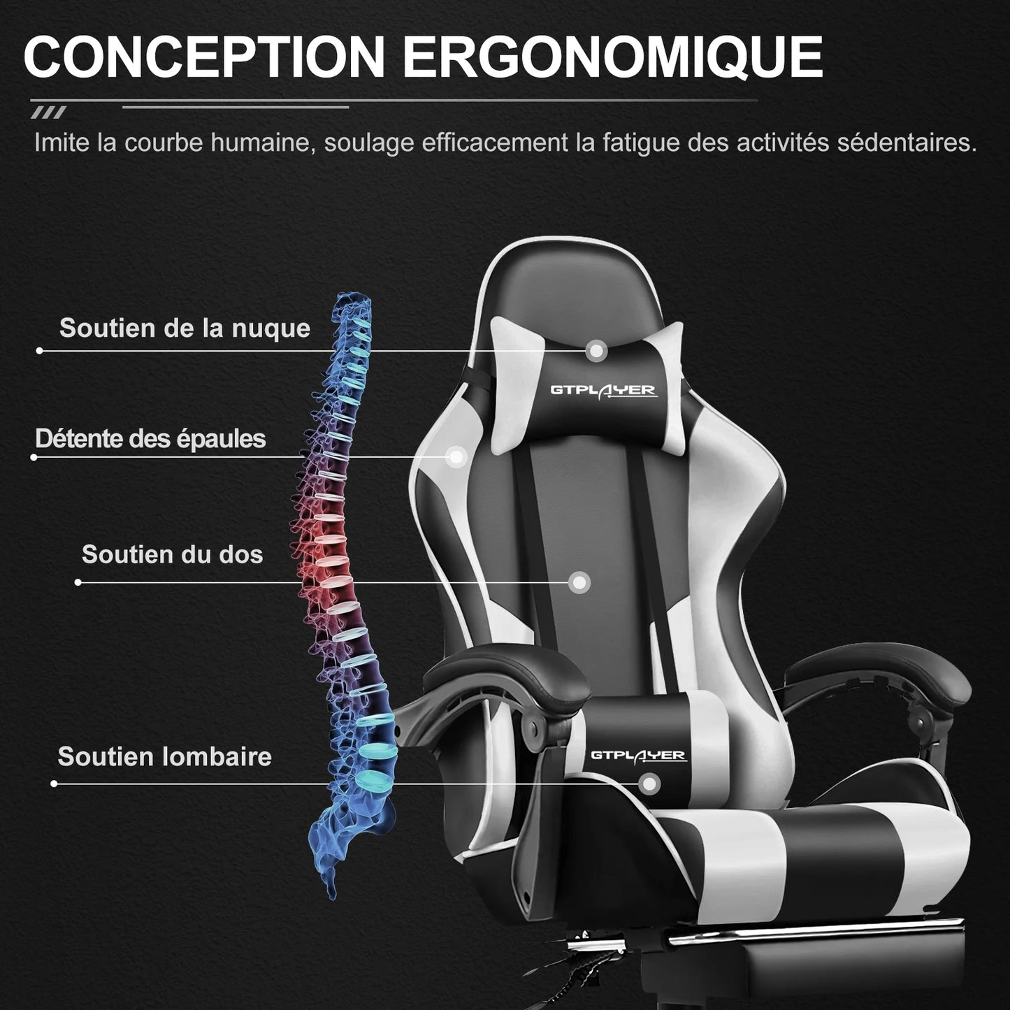 GTPLAYER Gaming Chair with Massage Lumbar Cushion & Footrest, Ergonomic Office Chair with Padded Seat, Swivel Chair up to 150 kg