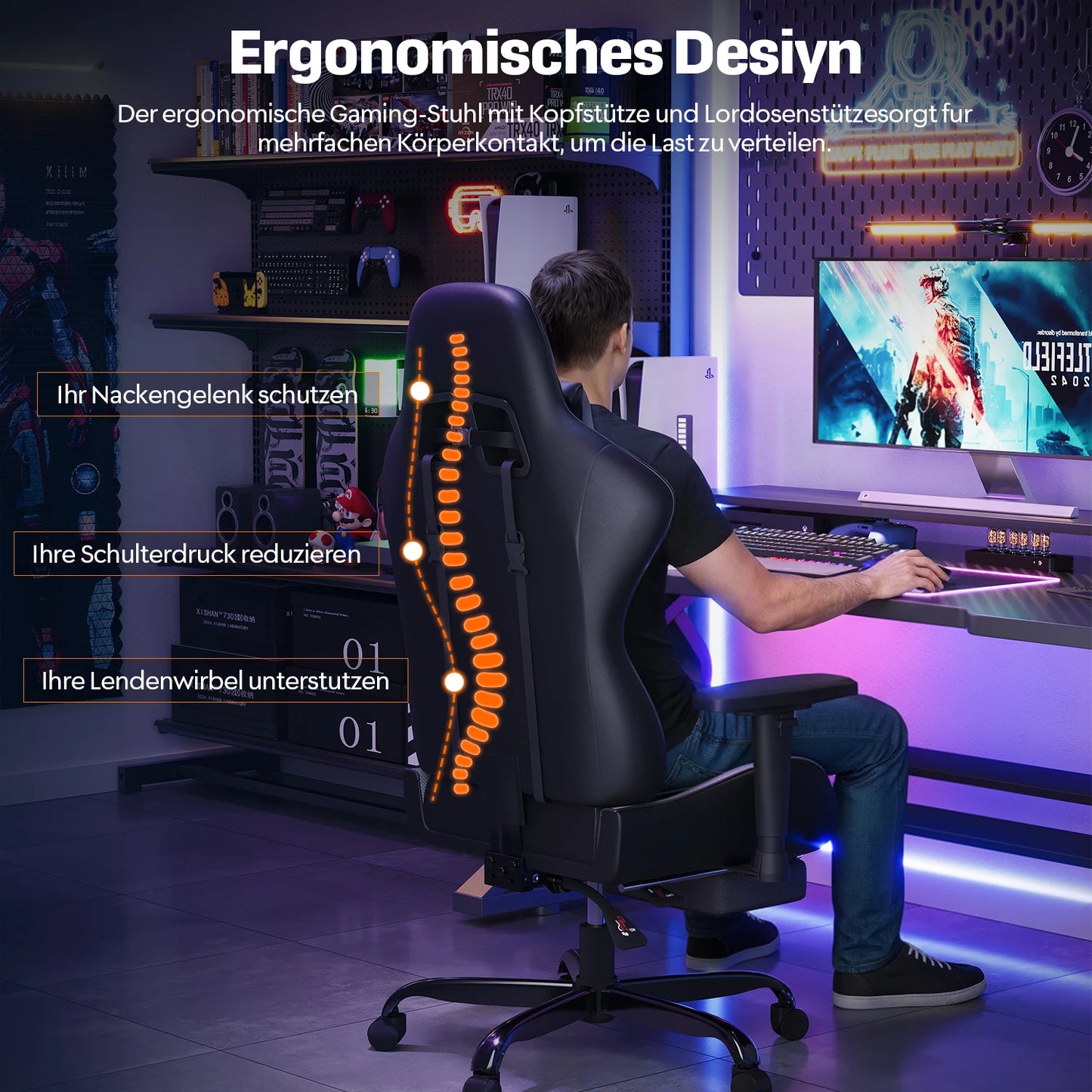 HOMALL Ergonomic Gaming Chair PU Leather Office Chair with Adjustable Armrest, Reclining Swivel Computer Chair for Gaming & Work