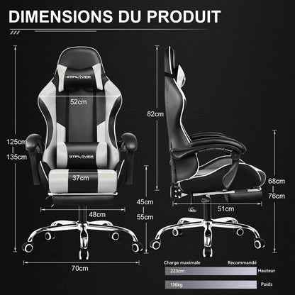 GTPLAYER Gaming Chair with Massage Lumbar Cushion & Footrest, Ergonomic Office Chair with Padded Seat, Swivel Chair up to 150 kg