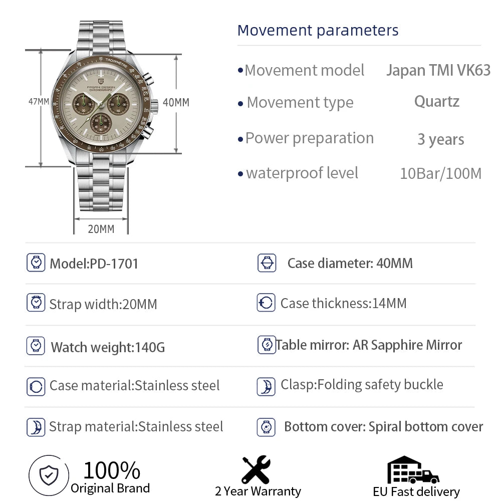 Orologio da uomo PAGANI DESIGN Planetary Series Saturn Light Tan al quarzo, cronografo Speed, vetro zaffiro AR, novità 2026