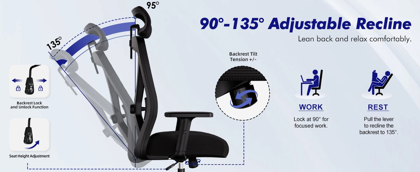 Hiazurm Ergonomic Office Chair with Lumbar Support, Adjustable Headrest & Armrests, Height Adjustable Desk Chair for Home Office, Gaming & Work