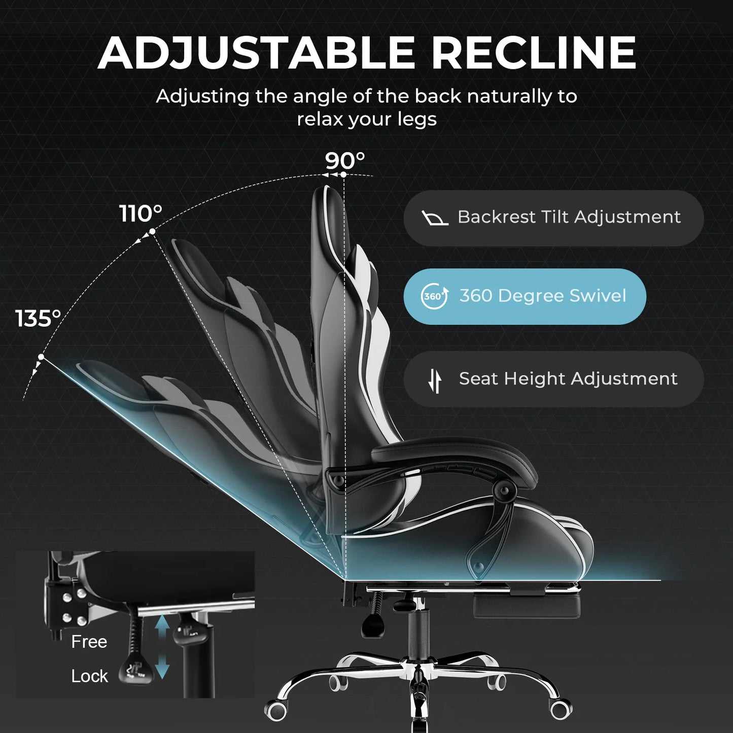 GTPLAYER Gaming Chair with Massage Lumbar Cushion & Footrest, Ergonomic Office Chair with Padded Seat, Swivel Chair up to 150 kg