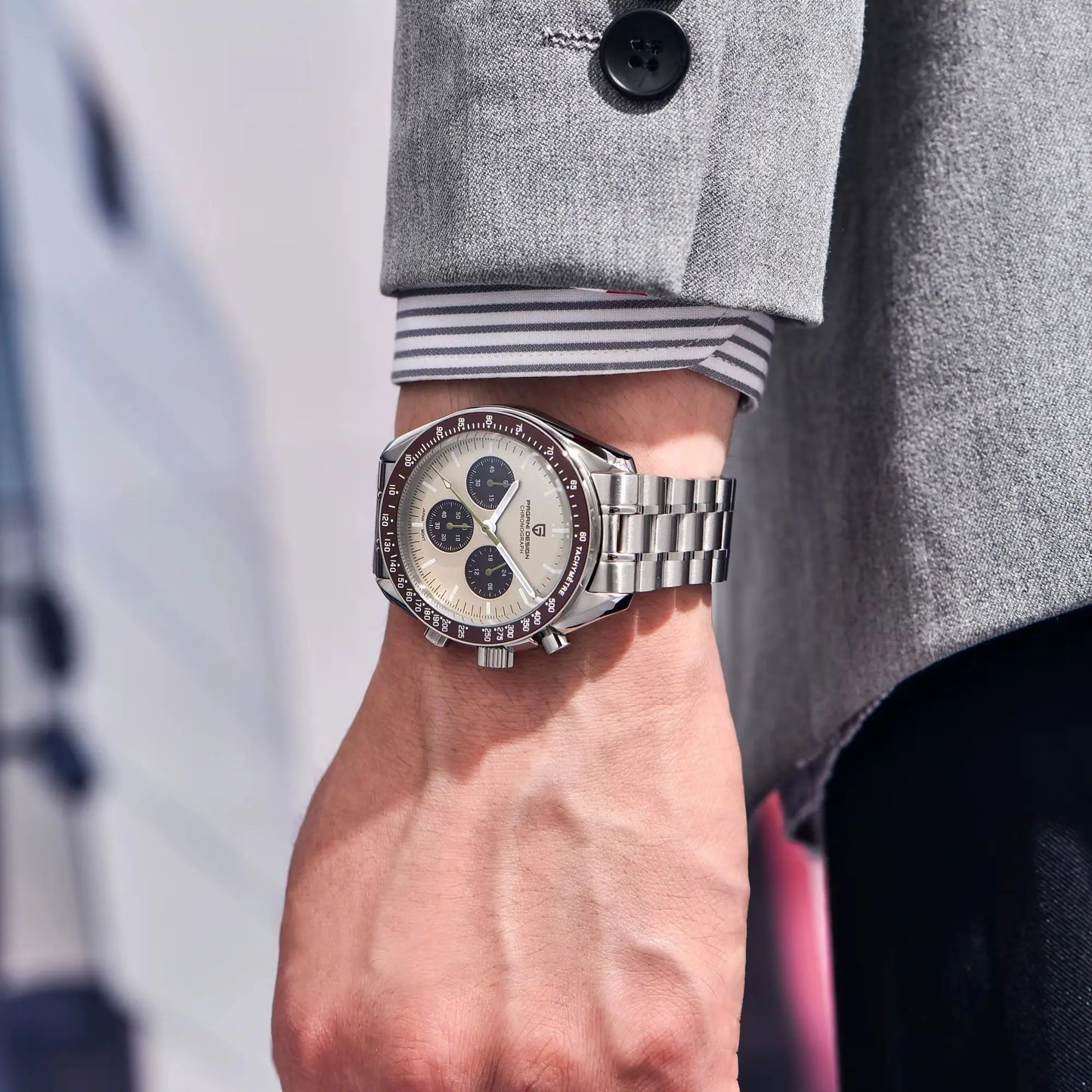Orologio da uomo PAGANI DESIGN Planetary Series Saturn Light Tan al quarzo, cronografo Speed, vetro zaffiro AR, novità 2026