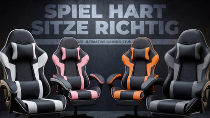 Black & Orange Gaming Chair, Ergonomic PU Leather Computer Chair with Footrest, Adjustable Swivel Office Chair with Lumbar Support & Headrest, Breathable High-Back Chair for Gaming & Work