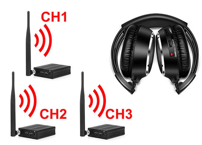 RF Silent Disco Foldable Wireless Headphones Bundle (3 Pcs with 1 Transmitter in 500m) -- House Party TV Dancing