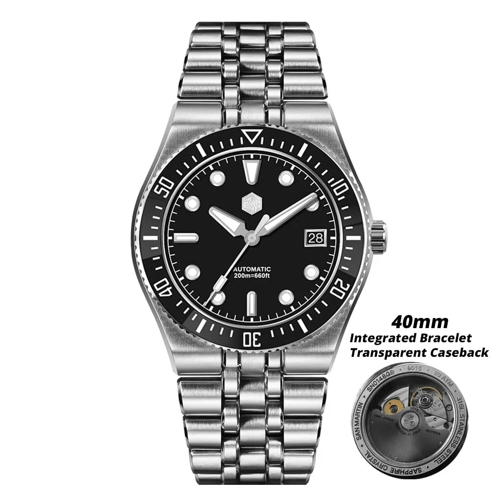 Orologio subacqueo di lusso da uomo San Martin 40mm, Miyota 9015, quadrante smaltato sunburst, automatico meccanico, impermeabile 200m, SN0148
