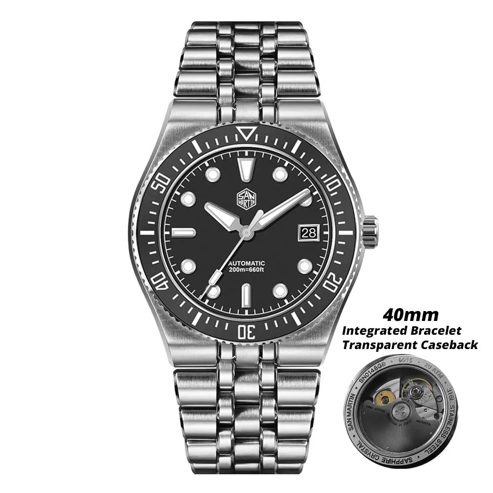Orologio subacqueo di lusso da uomo San Martin 40mm, Miyota 9015, quadrante smaltato sunburst, automatico meccanico, impermeabile 200m, SN0148