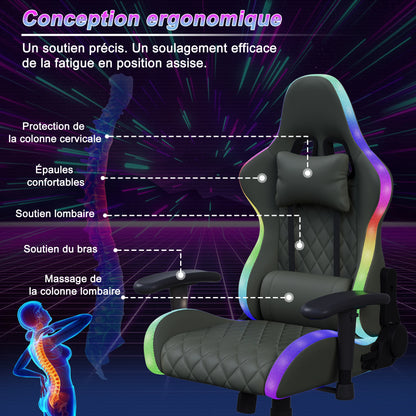 Superaly 72x58.5x125-133cm Ergonomic Gaming Chair RGB Light,Gamer Chair,PU Leather Office Chair with Headrest & Lumbar Cushion