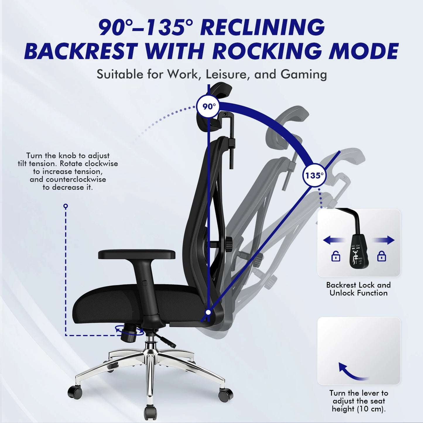 Hiazurm Ergonomic Office Chair with Lumbar Support, Adjustable Headrest & Armrests, Height Adjustable Desk Chair for Home Office, Gaming & Work