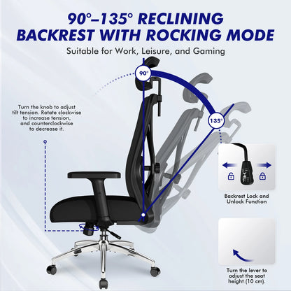 Hiazurm Ergonomic Office Chair with Lumbar Support, Adjustable Headrest & Armrests, Height Adjustable Desk Chair for Home Office, Gaming & Work