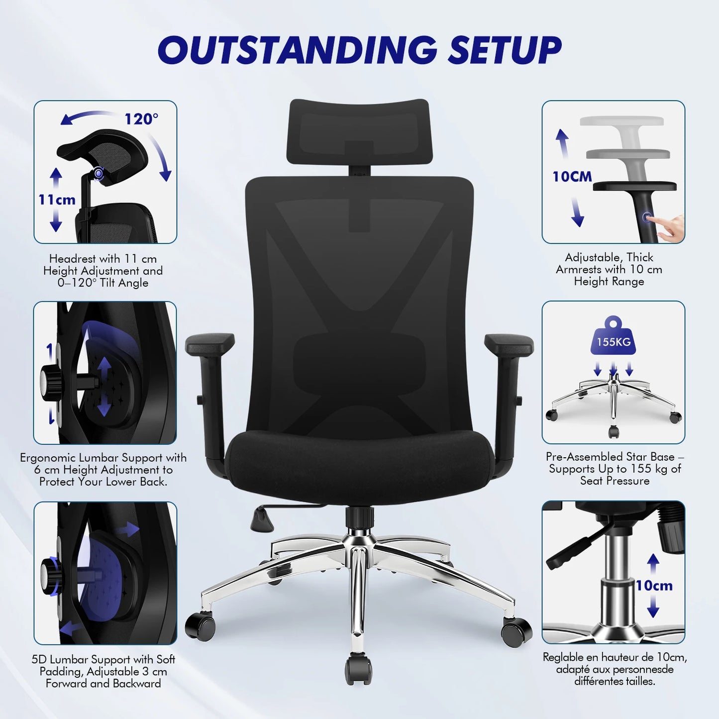 Hiazurm Ergonomic Office Chair with Lumbar Support, Adjustable Headrest & Armrests, Height Adjustable Desk Chair for Home Office, Gaming & Work