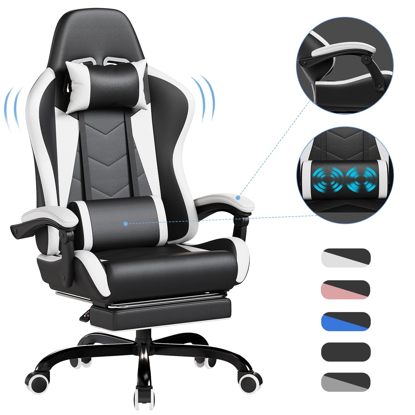 HOMALL Ergonomic Gaming Chair with Lumbar Massage, Adjustable Footrest, Faux Leather Office Chair, 135° Reclining Swivel Desk Chair
