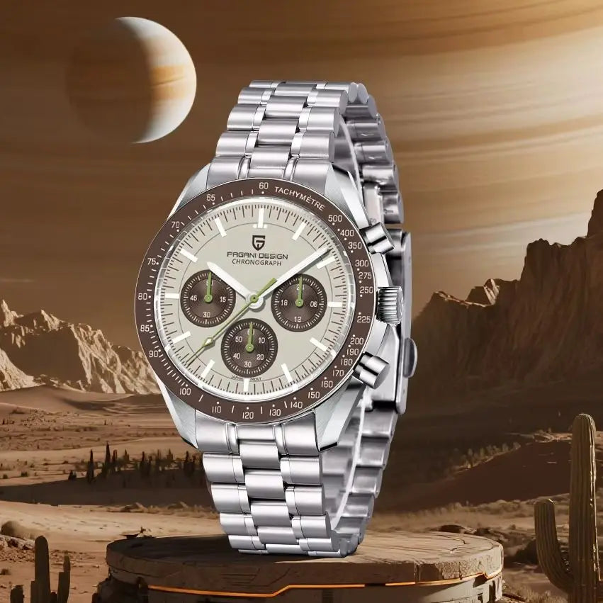 Orologio da uomo PAGANI DESIGN Planetary Series Saturn Light Tan al quarzo, cronografo Speed, vetro zaffiro AR, novità 2026