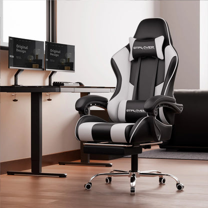 GTPLAYER Gaming Chair with Massage Lumbar Cushion & Footrest, Ergonomic Office Chair with Padded Seat, Swivel Chair up to 150 kg